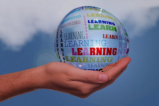 Das Foto zeigt eine Weltkugel, die aus dem Wort learning gebildet wird (Bild von Gerd Altmann auf Pixabay).