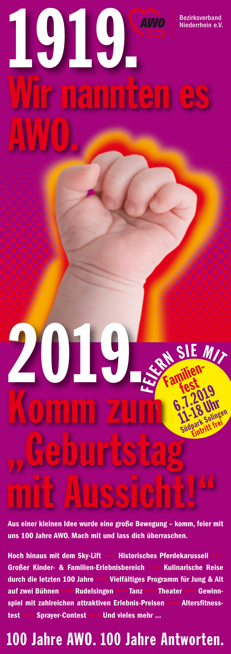 Ankündigungsplakat für das Familienfest der AWO Niederrhein "Geburstag mit Aussicht" am 6.7.2019 in Solingen