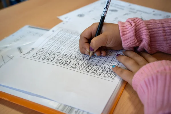 Das Foto zeigt eine Person, die ein Arbeitsblatt mit Zahlen ausfüllt. Die Person hält einen Stift in der rechten Hand und trägt einen rosa Pullover. Auf dem Tisch liegen mehrere Blätter Papier, von denen eines teilweise sichtbar ist und Zeichnungen enthält.
