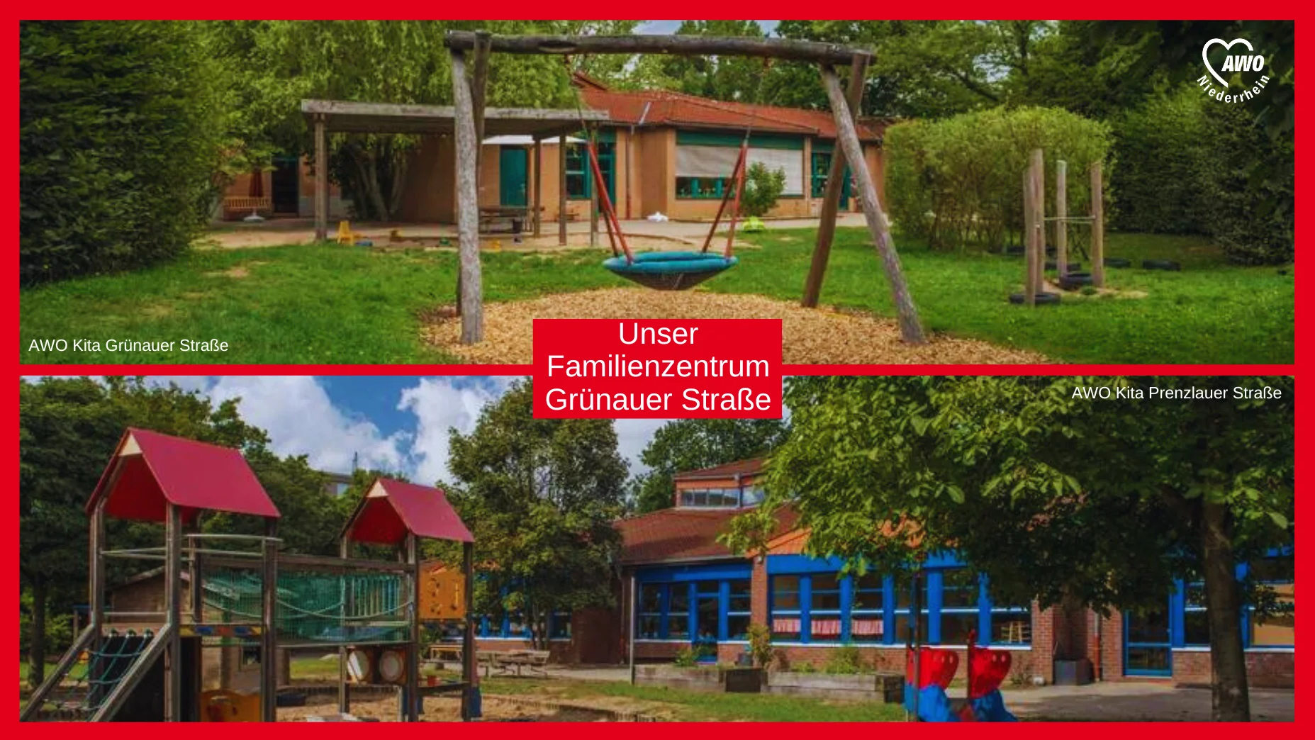 Das Foto zeigt zwei verschiedene Bereiche des AWO Familienzentrums Grünauer Straße. • Oben den Außenbereich der AWO Kita Grünerauer Straße: Ein Spielplatz mit Schaukeln und einer Rutsche, umgeben von Bäumen und Grünflächen. Dies deutet auf einen Außenbereich hin, der für Kinder zum Spielen gedacht ist. • Unten den Außenbereich der AWO Kita Prenzlauer Straße: Ein weiterer Spielbereich mit bunten Spielgeräten und einem Gebäude mit rotem Dach im Hintergrund. Dies lässt auf eine institutionelle Umgebung wie eine Schule oder eine Kindertagesstätte schließen. Beide Bereiche sind mit “Unser Familienzentrum Grünauer Straße” beschriftet, was darauf hinweist, dass diese Einrichtungen vom Familienzentrum für die Gemeinschaft bereitgestellt werden.