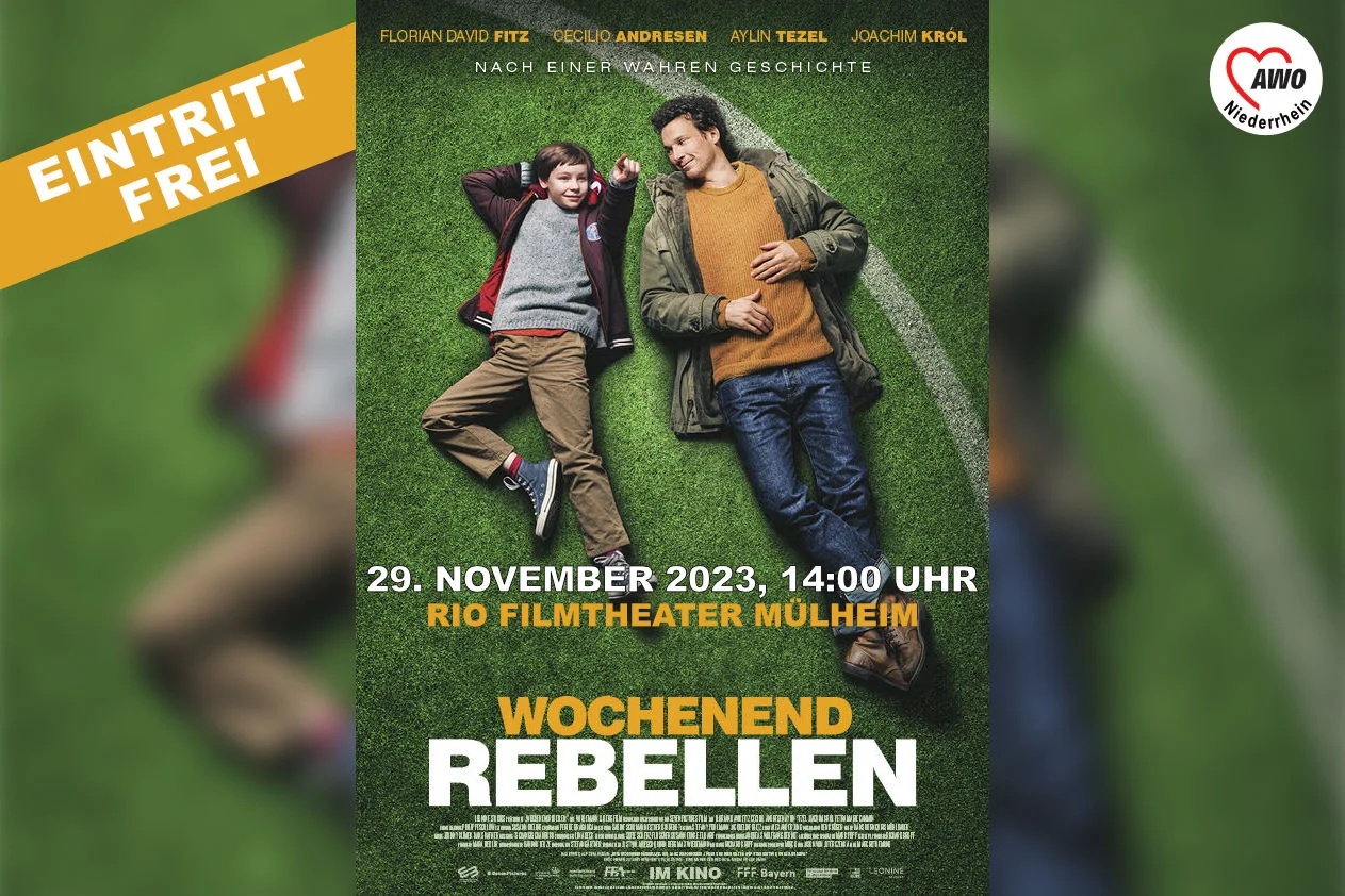 Der Foto zeigt das Filmplakat, den Zusatz "Eintritt frei" und das Logo der AWO