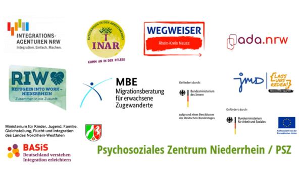 Auf dem Bild sind die Logos verschiedener Organisationen, Programme und Ministerien abgebildet. Sie scheinen sich auf die Integration von Zugewanderten in Deutschland zu konzentrieren, insbesondere in der Region Niederrhein und Nordrhein-Westfalen (NRW). Zu den gezeigten Logos gehören: Integrations-Agenturen NRW: "Integration. Einfach. Machen." INAR: "Integration in den Arbeitsmarkt. Komm an in der Pflege." WEGWEISER Rhein-Kreis Neuss ada.nrw RIW: "REFUGEES INTO WORK – NIEDERRHEIN. Zusammen in die Zukunft!" MBE: "Migrationsberatung für erwachsene Zuwanderte" jmd: Eine Organisation, die mit dem Slogan "LASS UNS REDEN! REDEN BRINGT EUCH WEITER" verbunden ist. Ministerium für Kinder, Jugend, Familie, Gleichstellung, Flucht und Integration des Landes Nordrhein-Westfalen BASiS: "Deutschland verstehen. Integration erleichtern." Psychosoziales Zentrum Niederrhein / PSZ Das Bild zeigt auch, dass einige dieser Projekte vom Bundesministerium des Innern, dem Bundesministerium für Arbeit und Soziales sowie von der Europäischen Union gefördert werden.