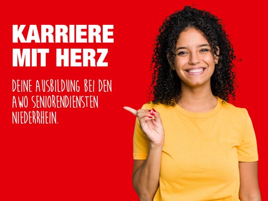 Das Bild zeigt eine Frau vor einem roten Hintergrund mit dem Text: "Immer deine neue Chance. Die Ausbildung bei den AWO Seniorendiensten Niederrhein"