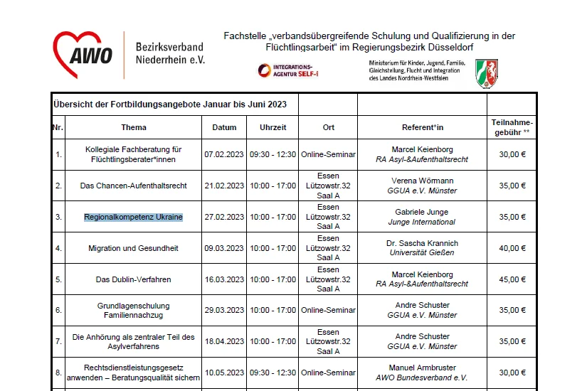Das Foto zeigt einen Screenshot vom Seminarangebot