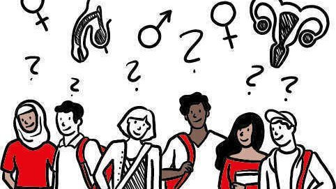 Das Bild zeigt eine Illustration von fünf jungen Menschen, die unterschiedliche Kleidung und Stile tragen und diverse ethnische Hintergründe repräsentieren. Sie tragen Rucksäcke, was darauf hindeutet, dass sie Schüler:innen oder Studierende sein könnten. Über ihren Köpfen befinden sich verschiedene Symbole und anatomische Darstellungen, die mit Geschlecht und Sexualität in Verbindung stehen, darunter: Das weibliche und das männliche Geschlechtssymbol (♀ und ♂). Anatomische Zeichnungen von Genitalien (Penis und Vulva). Eine Abbildung der Gebärmutter. Mehrere Fragezeichen, die darauf hinweisen, dass die dargestellten Personen Fragen oder Unsicherheiten zu diesen Themen haben.