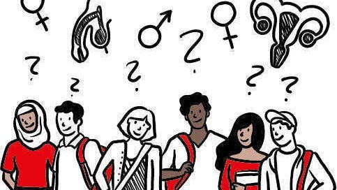 Das Bild zeigt eine Illustration von fünf jungen Menschen, die unterschiedliche Kleidung und Stile tragen und diverse ethnische Hintergründe repräsentieren. Sie tragen Rucksäcke, was darauf hindeutet, dass sie Schüler:innen oder Studierende sein könnten. Über ihren Köpfen befinden sich verschiedene Symbole und anatomische Darstellungen, die mit Geschlecht und Sexualität in Verbindung stehen, darunter: Das weibliche und das männliche Geschlechtssymbol (♀ und ♂). Anatomische Zeichnungen von Genitalien (Penis und Vulva). Eine Abbildung der Gebärmutter. Mehrere Fragezeichen, die darauf hinweisen, dass die dargestellten Personen Fragen oder Unsicherheiten zu diesen Themen haben.