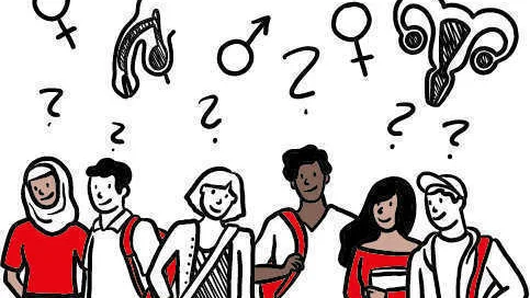 Das Bild zeigt eine Illustration von fünf jungen Menschen, die unterschiedliche Kleidung und Stile tragen und diverse ethnische Hintergründe repräsentieren. Sie tragen Rucksäcke, was darauf hindeutet, dass sie Schüler:innen oder Studierende sein könnten. Über ihren Köpfen befinden sich verschiedene Symbole und anatomische Darstellungen, die mit Geschlecht und Sexualität in Verbindung stehen, darunter: Das weibliche und das männliche Geschlechtssymbol (♀ und ♂). Anatomische Zeichnungen von Genitalien (Penis und Vulva). Eine Abbildung der Gebärmutter. Mehrere Fragezeichen, die darauf hinweisen, dass die dargestellten Personen Fragen oder Unsicherheiten zu diesen Themen haben.