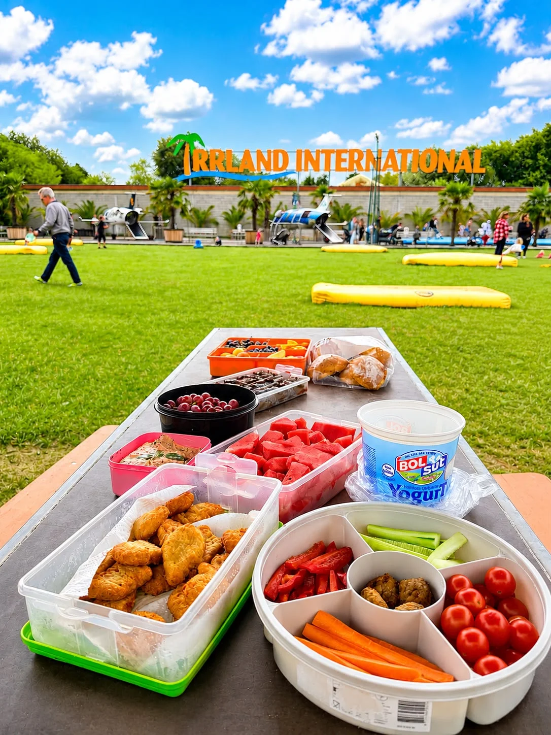 Auf dem Bild steht ein reich gedeckter Picknicktisch auf einer großen Rasenfläche im Freizeitpark Irrland International. Zu sehen sind unter anderem Wassermelone, Trauben, Kirschtomaten, Gurken, Paprika, Möhren, Brötchen bzw. Gebäck, Snacks und ein großer Becher Joghurt. Im Hintergrund sind Besucherinnen und Besucher, Palmen sowie zwei Flugzeug-Spielgeräte zu erkennen. Über der Anlage steht in großen orangefarbenen Buchstaben „Irrland International“; der Himmel ist strahlend blau mit weißen Wolken.