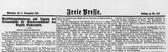 Auszug aus der Freie Pressen vom 2. November 1921, die über die Gründung des Bezirksausschusses für Arbeiterwohlfahrt am Niederrhein berichtet