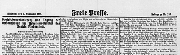 Auszug aus der Freie Pressen vom 2. November 1921, die über die Gründung des Bezirksausschusses für Arbeiterwohlfahrt am Niederrhein berichtet