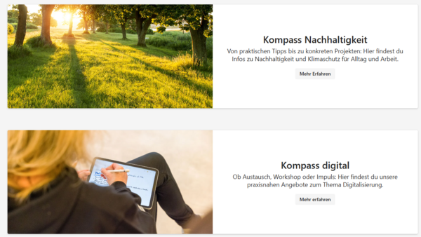 Auf dem Bild ist ein Screenshot einer SharePoint-Website mit dem Titel "Themenkompass" zu sehen. Die Seite präsentiert zwei thematische Bereiche der AWO-Organisation in einem übersichtlichen Layout. Oberer Bereich: Kompass Nachhaltigkeit Der erste Abschnitt zeigt ein stimmungsvolles Naturfoto mit Bäumen und goldener Morgensonne. Rechts daneben steht die Überschrift "Kompass Nachhaltigkeit" mit dem Beschreibungstext: "Von praktischen Tipps bis zu konkreten Projekten: Hier findest du Infos zu Nachhaltigkeit und Klimaschutz für Alltag und Arbeit.". Ein Button mit der Beschriftung "Mehr Erfahren" lädt zum Weiterlesen ein. Unterer Bereich: Kompass digital Der zweite Abschnitt zeigt eine Person, die auf einem Tablet schreibt. Die Überschrift lautet "Kompass digital" mit dem Untertitel: "Ob Austausch, Workshop oder Impuls: Hier findest du unsere praxisnahen Angebote zum Thema Digitalisierung.". Auch hier gibt es einen "Mehr erfahren"-Button.