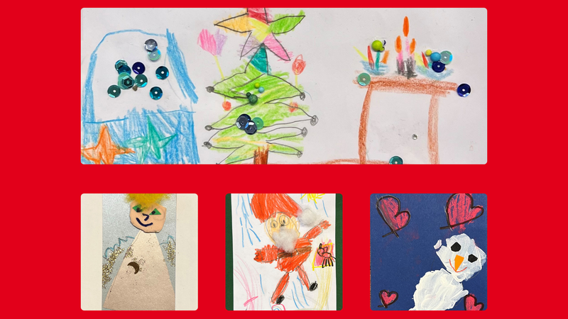 Auf dem Bild sind fünf verschiedene Kinderzeichnungen und Basteleien zum Thema Winter und Weihnachten zu sehen, präsentiert vor einem leuchtend roten Hintergrund. Hier ist eine detailliertere Beschreibung: ? Obere Reihe (Querformat) Die obere Reihe zeigt eine längliche Zeichnung, die in drei Abschnitte unterteilt zu sein scheint und mit Buntstiften und zusätzlichen Pailletten verziert wurde: Links: Eine blaue Szene mit einem gelben Stern und einigen blauen und grünen Pailletten. Mitte: Ein Weihnachtsbaum (Tannenbaum) mit gelbem Stern auf der Spitze, geschmückt mit grünen Punkten und blauen Pailletten. Rechts: Ein Adventskranz oder eine Kerzendekoration auf einem braunen Tisch, mit brennenden Kerzen in Orange und Gelb, ebenfalls verziert mit Pailletten. ? Untere Reihe (Quadratische Bilder) Die untere Reihe besteht aus drei separaten, quadratischen Bildern: Links: Eine Engel-Bastelei. Sie besteht aus verschiedenen Materialien, möglicherweise Pappe oder Filz, mit einem Holzkopf, gelben Haaren, einem goldenen Kleid und einem glitzernden Heiligenschein. Mitte: Eine Zeichnung des Weihnachtsmanns (oder eines Helfers) in einem roten Anzug mit einem weißen Bart, dargestellt in einer dynamischen Pose. Es sieht so aus, als ob etwas Flauschiges (Watte oder ähnliches) für den Bart oder die Mütze verwendet wurde. Rechts: Eine Malerei eines Schneemanns in Weiß mit einem orangefarbenen Schnabel vor einem dunkelblauen Hintergrund. Das Bild ist außerdem mit roten Herzen verziert, was auf eine liebevolle oder festliche Stimmung hindeutet. Zusammenfassend handelt es sich um eine Sammlung festlicher, kreativer Werke von Kindern.