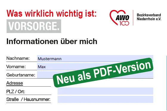 Das Foto zeigt eine ausfüllbare Seite aus dem personalisierten PDF des digitalen AWO Vorsorge-Ordners