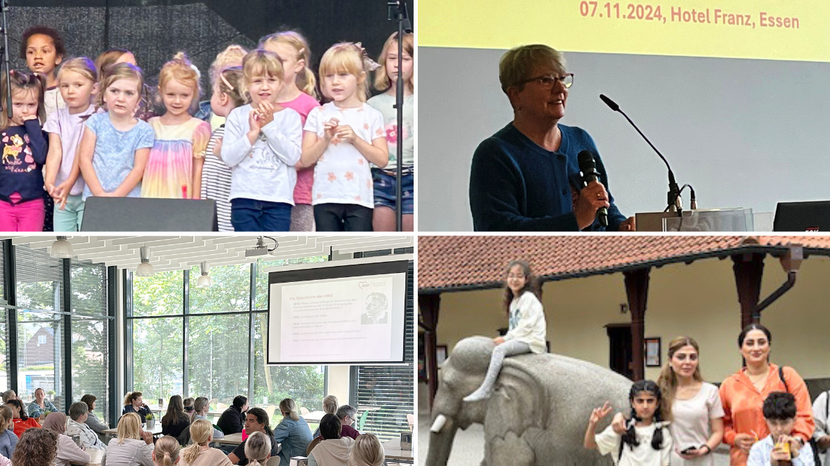 Das Bild zeigt eine Collage aus vier verschiedenen Szenen: Oben links: Eine Gruppe von Kindern steht auf einer Bühne und scheint zu singen oder zu sprechen. Oben rechts: Eine Person hält eine Präsentation mit einem Mikrofon. Im Hintergrund ist eine Leinwand mit der Aufschrift „07.11.2024, Hotel Franz, Essen“ zu sehen. Unten links: Eine Gruppe von Menschen sitzt in einem Raum und hört einer Präsentation zu. Auf einer Leinwand ist eine Folie zu sehen, die jedoch nicht vollständig lesbar ist. Unten rechts: Eine Person sitzt auf einer Elefantenstatue, während andere Personen daneben stehen und in die Kamera schauen.
