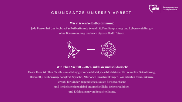 Auf dem Foto ist ein Leitbild des Beratungszentrums Lore-Agnes-Haus der AWO (Arbeiterwohlfahrt) abgebildet, das als Desktop-Hintergrund gestaltet ist. Es präsentiert zwei Grundsätze der Arbeit: Wir stärken Selbstbestimmung! Jede Person hat das Recht auf selbstbestimmte Sexualität, Familienplanung und Lebensgestaltung, ohne Bevormundung und nach eigenen Bedürfnissen. Wir leben Vielfalt – offen, inklusiv und solidarisch! Das Haus ist offen für alle, unabhängig von Geschlecht, Geschlechtsidentität, sexueller Orientierung, Herkunft, Glaubenszugehörigkeit, Sprache, Alter oder Einschränkungen. Die Arbeit wird als "trans-inklusiv" beschrieben, und es werden unterschiedliche Lebensrealitäten sowie Erfahrungen von Benachteiligung berücksichtigt.