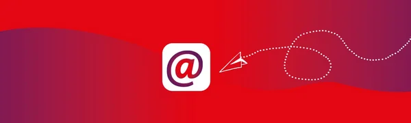 Auf dem Bild ist eine stilisierte Grafik mit folgenden Elementen zu sehen: Ein roter Hintergrund mit einem Farbverlauf von Dunkelrot/Lila links nach Hellrot rechts. In der Mitte befindet sich ein weißes Quadrat mit abgerundeten Ecken, das ein stilisiertes "@"-Symbol in Lila/Rosa enthält – typischerweise ein Symbol für E-Mail oder digitale Kommunikation. Rechts davon ist ein weißes, gezeichnetes Papierflugzeug mit einer gepunkteten Fluglinie, die eine geschwungene Bahn beschreibt und auf das "@"-Symbol zeigt. Das Bild vermittelt insgesamt den Eindruck von digitaler Kommunikation oder E-Mail-Versand, möglicherweise für eine Webseite oder ein Header-Banner zu einem entsprechenden Thema.
