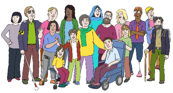 Das Foto zeigt eine Gruppe unterschiedliche Menschen: Junge, Alte, Migrantin, Behinderte etc.
