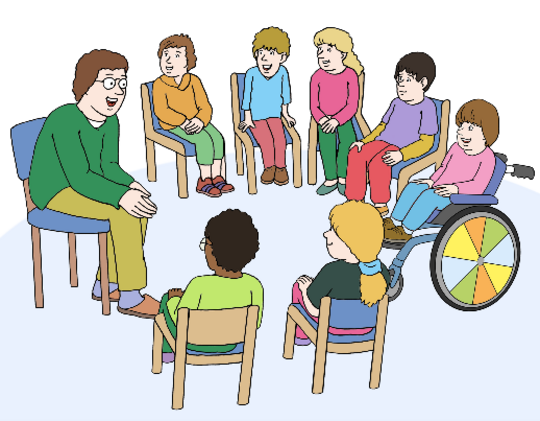 Das Foto zeigt einen Erwachsenen, der mit einer Gruppe von Kindern spricht