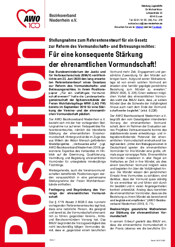 Position der AWO Niederrhein – Für eine konsequente Stärkung der ehrenamtlichen Vormundschaft!