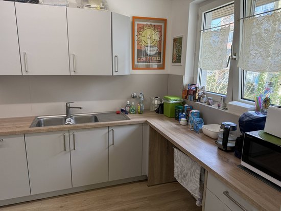 Das Bild zeigt eine moderne Küche mit weißen Schränken und Holzarbeitsplatten. Auf der linken Seite befindet sich ein Waschbecken mit einem Wasserhahn, daneben stehen verschiedene Reinigungsmittel. An der Wand hängt ein Poster mit einer Sonne und dem Text "CONVICED". Rechts neben dem Waschbecken steht eine grüne Kaffeemaschine, daneben befinden sich verschiedene Küchenutensilien wie Tassen, Gläser und Behälter. Auf der rechten Seite des Bildes ist ein Fenster zu sehen, durch das Tageslicht hereinfällt. Unter dem Fenster stehen weitere Küchenutensilien sowie eine Mikrowelle auf der Arbeitsplatte.