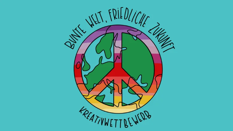 Auf dem Bild ist ein bunt gestaltetes Friedenssymbol zu sehen, das in eine Weltkarte integriert ist. Die Farben sind sehr lebhaft und reichen von Rot über Lila bis Gelb – sie erinnern an ein Regenbogenmuster. Um das Symbol herum steht in deutscher Sprache: Oben: „Bunte Welt, friedliche Zukunft“ Unten: „Kreativwettbewerb“