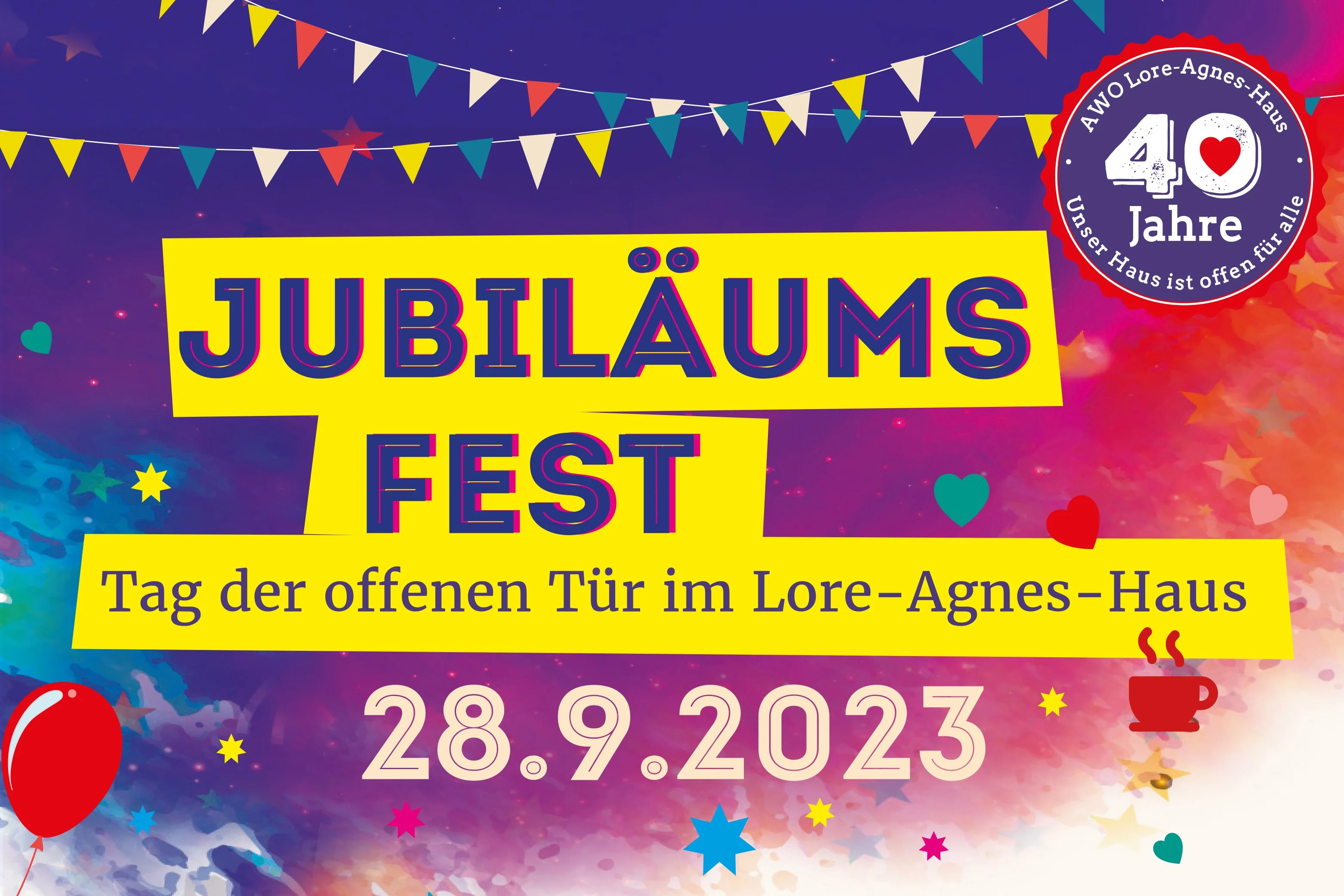 Das Foto zeigt die Schrift: Jubiläumsfest | Tag der Offenen Tür im Lore-Agnes-Haus am 28.09.2023