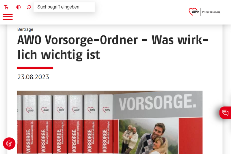 Das Foto zeigt einen Screenshot der Webseite AWO Pflegeberatung mit dem Vorsorge-Ordner des AWO Bezirksverbands Niederrhein