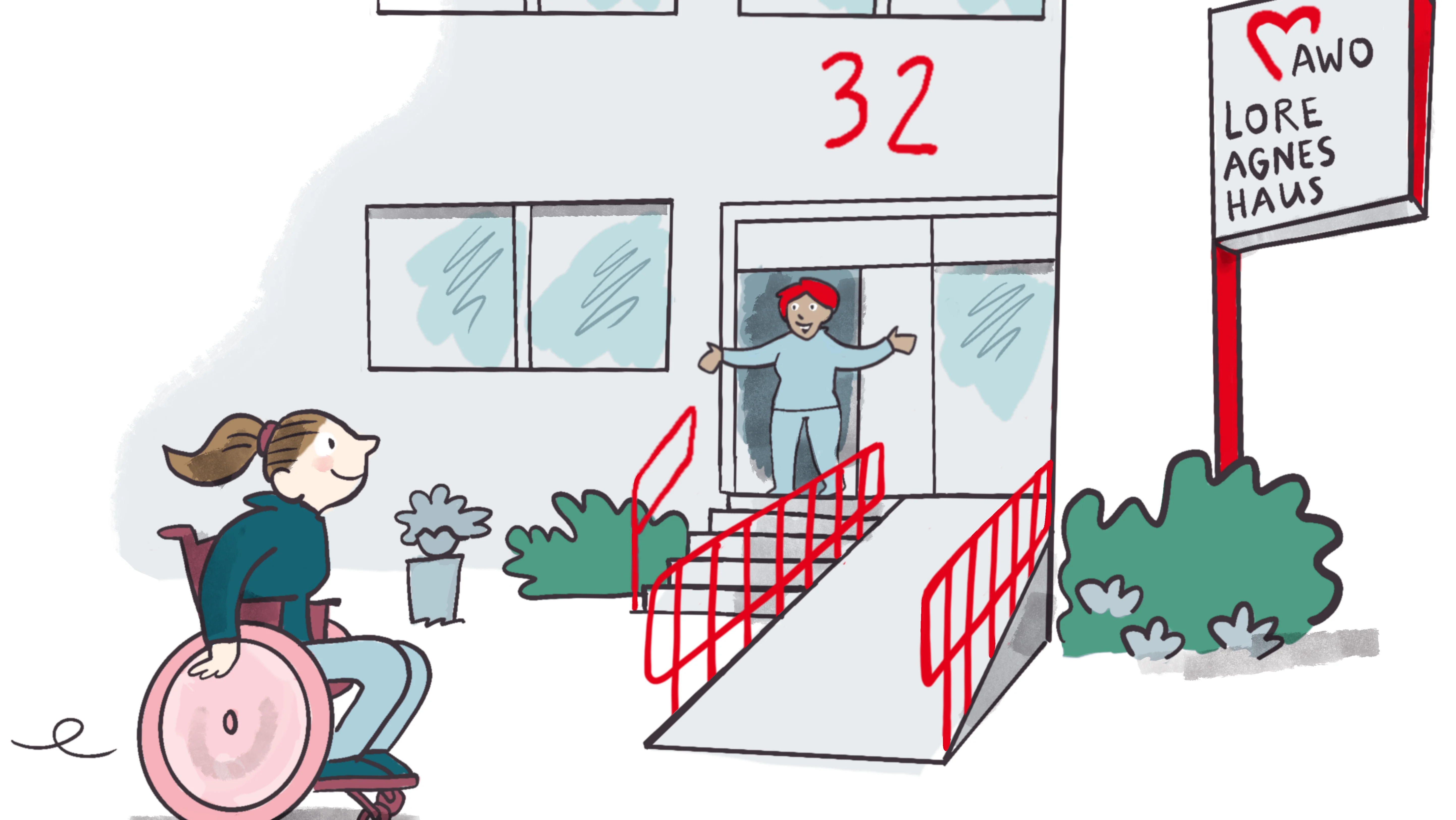 Das Bild zeigt den barrierefreien Eingang eines Gebäudes mit der Hausnummer 32. Eine Person im Rollstuhl fährt über eine breite Rampe mit roten Handläufen zum Eingang, während eine weitere Person sie in der Tür begrüßt. Rechts steht ein Schild mit dem Logo und dem Schriftzug „AWO Lore Agnes Haus“.