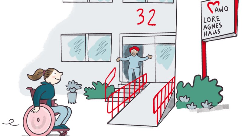 Das Bild zeigt den barrierefreien Eingang eines Gebäudes mit der Hausnummer 32. Eine Person im Rollstuhl fährt über eine breite Rampe mit roten Handläufen zum Eingang, während eine weitere Person sie in der Tür begrüßt. Rechts steht ein Schild mit dem Logo und dem Schriftzug „AWO Lore Agnes Haus“. 