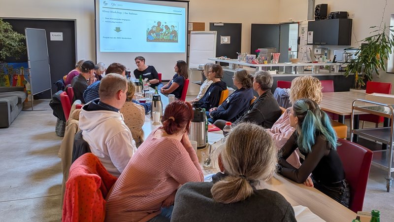 Auf dem Bild ist eine Gruppe von Menschen bei einem Workshop zu sehen. Die Teilnehmenden sitzen um einen langen Tisch und sind überwiegend einer Person am hinteren Tischende sowie einer Präsentation zugewandt. Auf der Leinwand steht „Klima-Workshop | Der Rahmen“; als Themen sind unter anderem „Dem Klimawandel begegnen“ und „nachhaltig handeln“ erkennbar. Der helle Raum hat eine hohe Decke mit sichtbaren Holzbalken, ein Dachfenster und runde Pendelleuchten. Auf den Tischen stehen Wasserflaschen, Gläser, Tassen und Thermoskannen. Im Hintergrund befinden sich eine Küchenzeile und ein Flipchart.