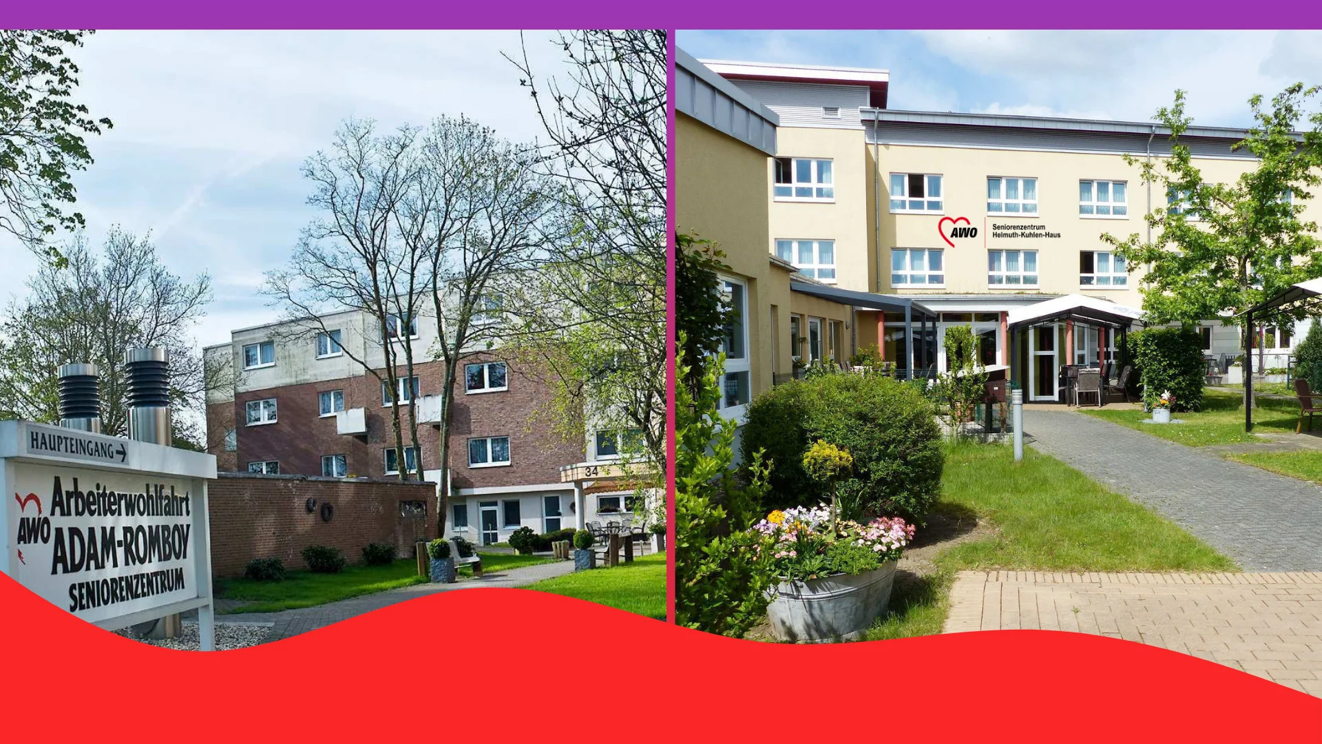 Auf dem Bild sind zwei verschiedene Gebäude zu sehen, die wahrscheinlich Seniorenzentren oder Pflegeheime sind, da auf Schildern die Bezeichnungen "Seniorenzentrum" und "AWO" (Arbeiterwohlfahrt) vorkommen. Linke Seite: Ein Schild mit der Aufschrift "Haupteingang" und "Arbeiterwohlfahrt AWO ADAM-ROMBOY SENIORENZENTRUM" ist sichtbar. Das Gebäude ist ein mehrstöckiger, eher schlichter Bau mit braunen und weißen Fassadenelementen, umgeben von Bäumen und etwas Grünfläche. Rechte Seite: Ein moderner aussehendes, hellgelbes Gebäude mit einem Schild, das "AWO Seniorenzentrum Horst-Klinke-Haus" zeigt. Es gibt eine gut gepflegte Grünfläche davor mit Büschen und Blumen. Die Bilder sind nebeneinander in einer Collage oder Präsentation angeordnet, wobei ein roter wellenförmiger Bereich den unteren Teil der Fotos überlagert und ein violetter Bereich den oberen Teil trennt.