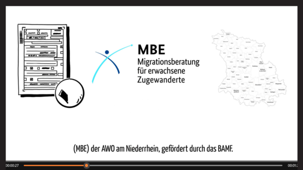Auf dem Foto ist das Logo der Migrationsberatung für erwachsene Zuwanderte (MBE) zu sehen. Das Logo besteht aus einer stilisierten Figur in blauen und türkisfarbenen Bögen, die eine Bewegung darstellt. Daneben steht der Text "MBE" in großen, fetten Buchstaben und darunter "Migrationsberatung für erwachsene Zuwanderte". Unter dem Logo steht der Satz: "Zum Glück gibt es die Migrationsberatung für erwachsene Zugewanderte".