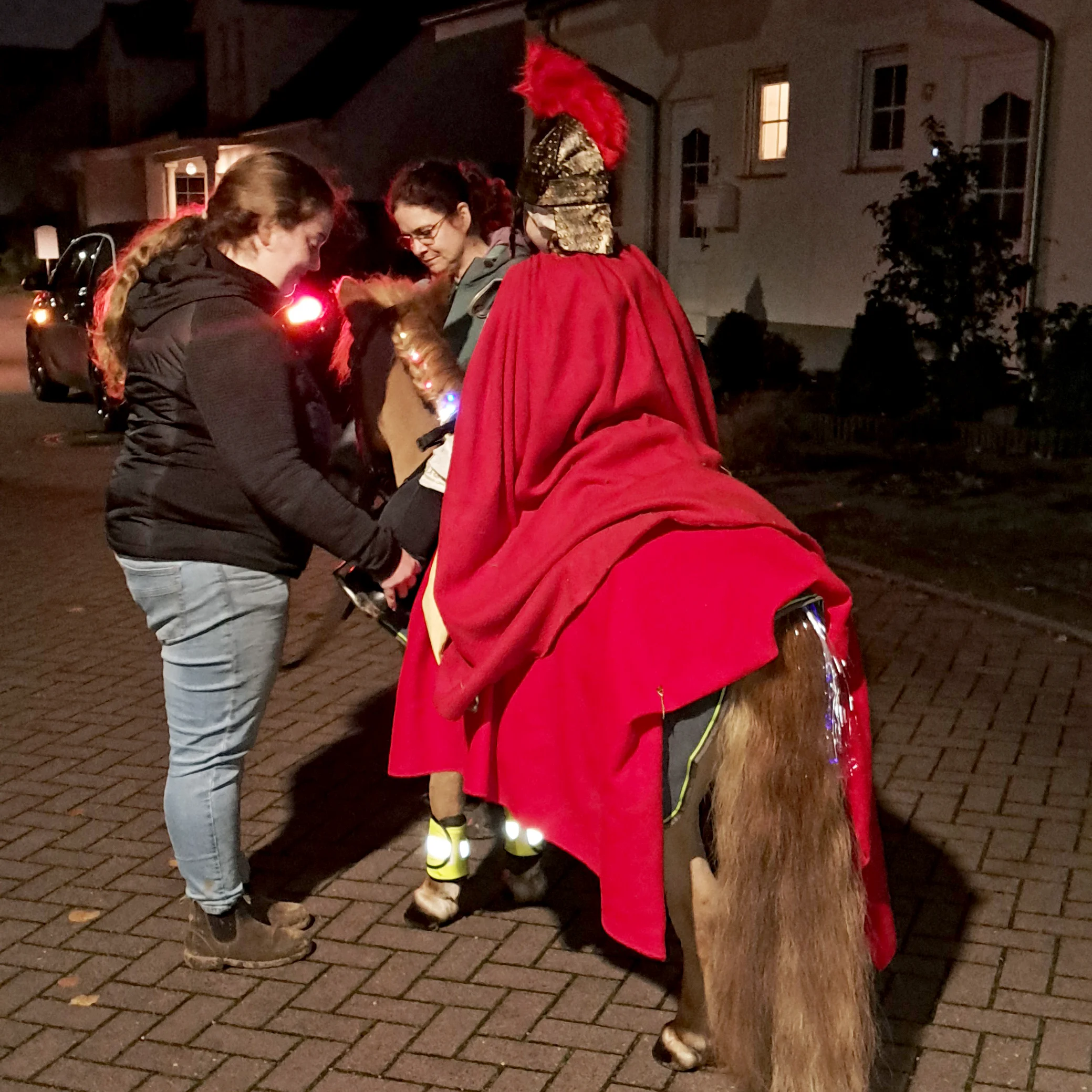 Das Foto zeigt einen Reiter mit Umhang auf einem Pferd.