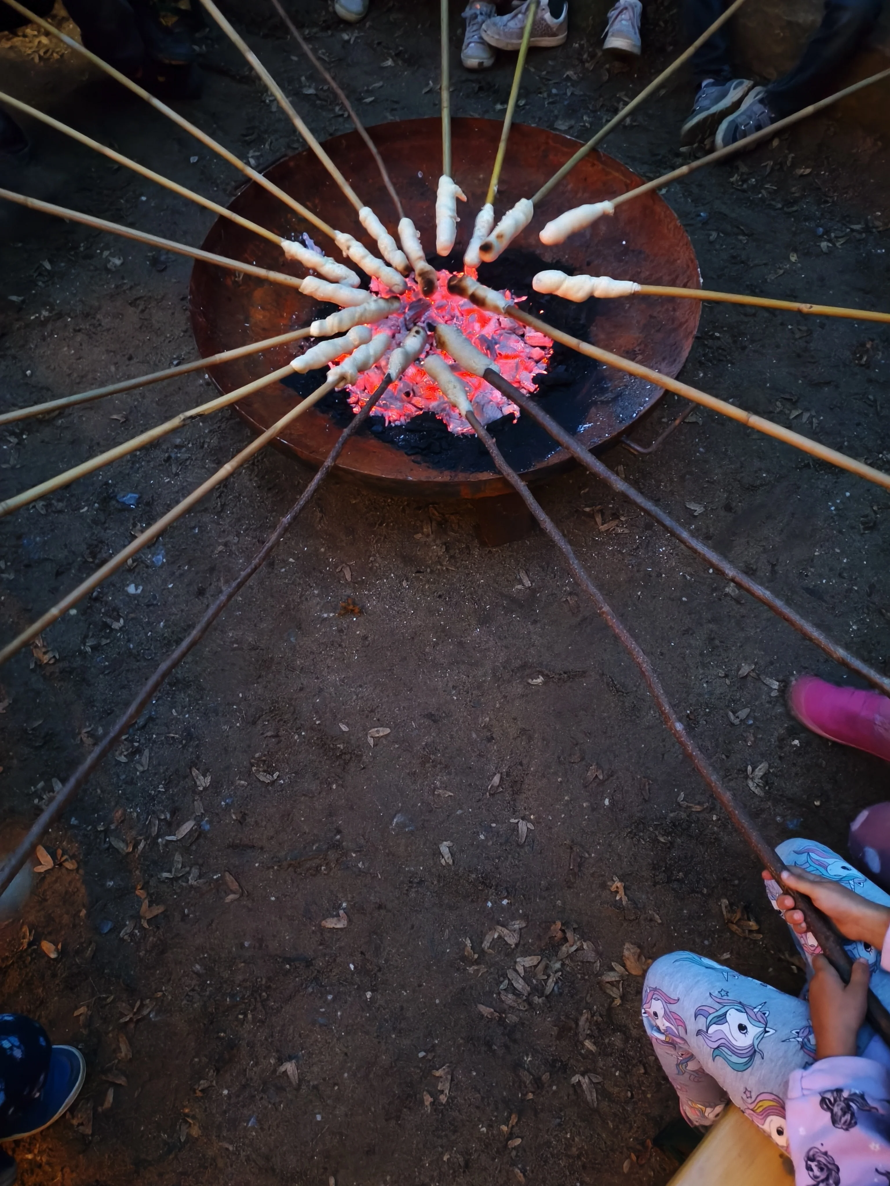 Auf dem Bild sind mehrere lange Stöcke zu sehen, an deren Enden Teig umwickelt ist. Sie werden über glühender Holzkohle in einer Feuerschale gebacken – vermutlich als Stockbrot bei einer gemeinsamen Outdoor- oder Lagerfeueraktion. Rundherum stehen mehrere Kinder; rechts ist ein Kind in bunten Einhorn- und Prinzessinnenkleidung zu erkennen.