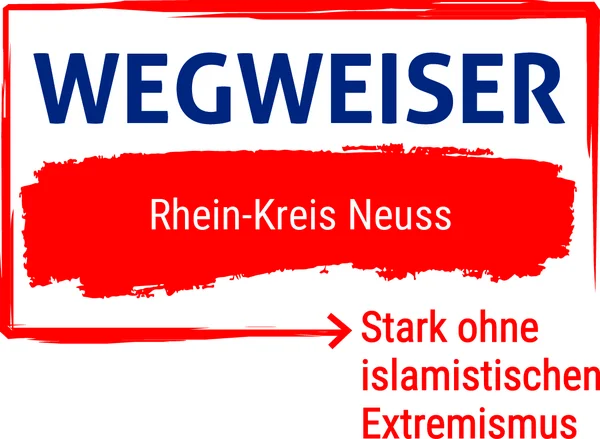 Auf dem Bild ist ein Logo mit der Aufschrift „WEGWEISER Rhein-Kreis Neuss“ zu sehen. Darunter steht „Stark ohne islamistischen Extremismus“