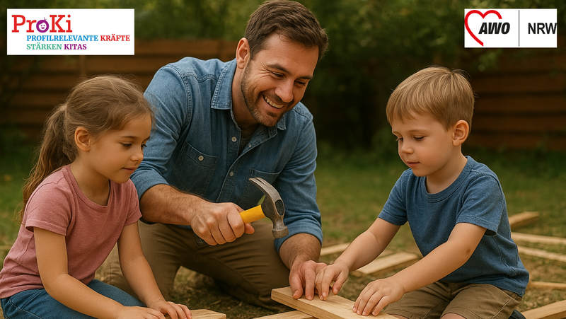 Auf dem Foto ist eine Szene im Freien zu sehen, in der ein erwachsener Mann mit zwei Kindern (einem Mädchen und einem Jungen) arbeitet. Der Mann und der Junge schauen auf ein Stück Holz, während der Mann einen Hammer hält, als würde er gerade einen Nagel einschlagen oder etwas zusammenbauen. Das Mädchen sitzt links und schaut ebenfalls zu. Im oberen Bereich sind zwei Logos zu sehen: Links das "ProKi – PROFILRELEVANTE KRÄFTE STÄRKEN KITAS"-Logo und rechts das Logo der "AWO NRW" (Arbeiterwohlfahrt Nordrhein-Westfalen), was darauf hindeutet, dass das Bild im Kontext dieser Organisationen verwendet wird.