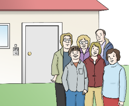 Das Foto zeigt eine Gruppe von Menschen vor einem Haus