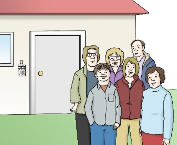 Das Foto zeigt eine Gruppe von Menschen vor einem Haus
