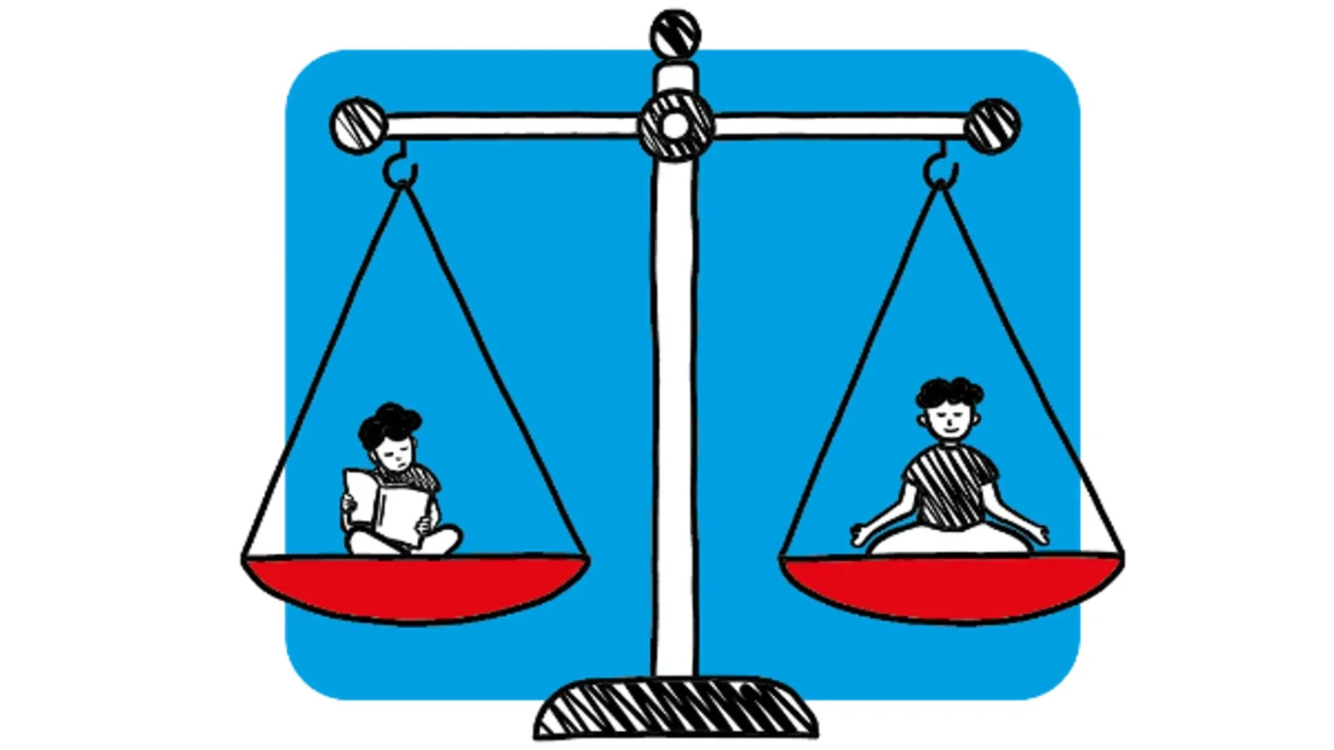 Auf dem Bild ist eine stilisierte Waage zu sehen. In den beiden roten Waagschalen sitzen zwei Kinder: links liest ein Kind in einem Buch, rechts sitzt ein Kind offenbar ruhig oder meditierend. Die Waage steht vor einem blauen Hintergrund.