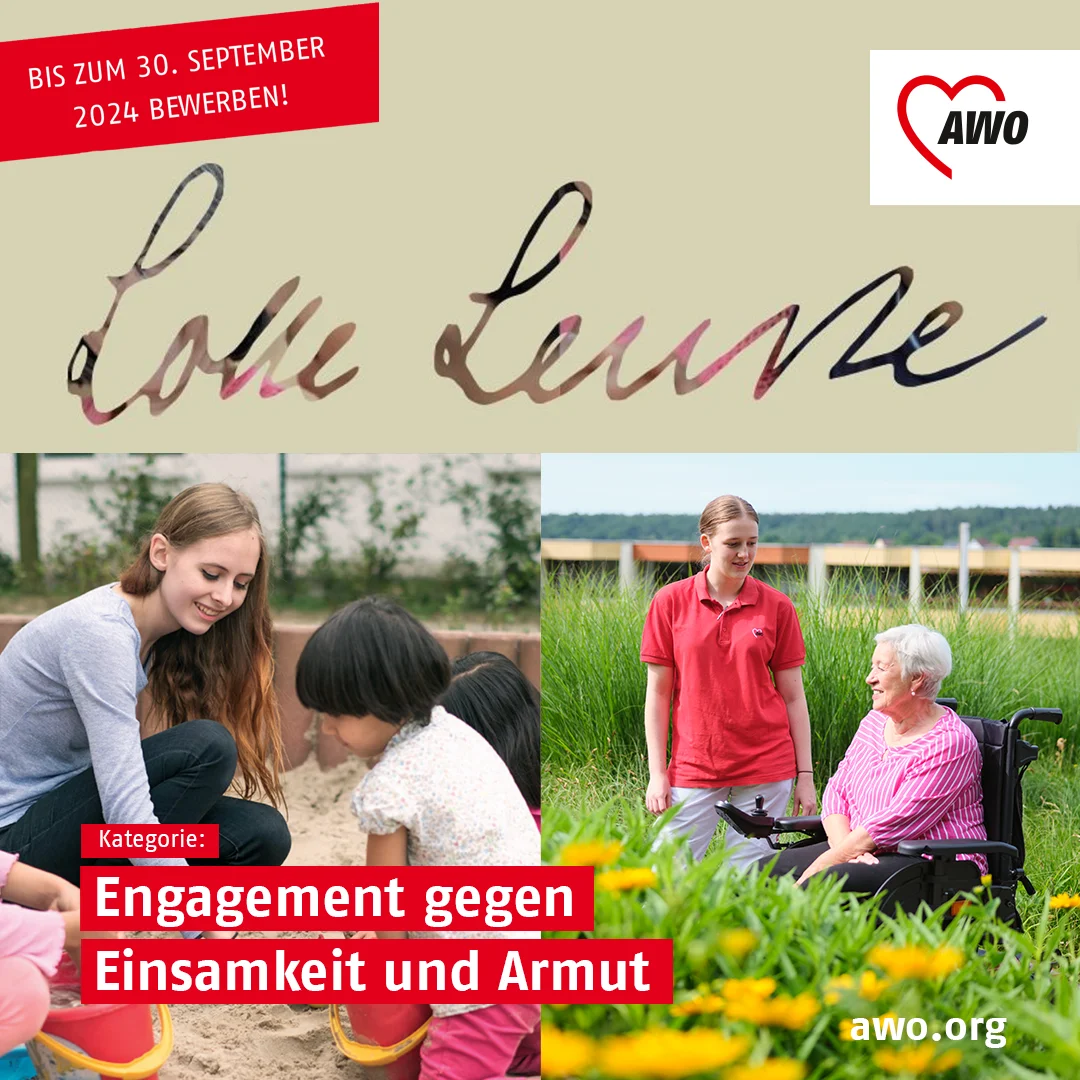 Auf dem Bild sind zwei getrennte Szenen zu sehen, die durch eine diagonale Linie voneinander abgegrenzt sind. Im oberen Teil sind vier Personen mit verdeckten Gesichtern zu sehen, die im Freien auf dem Boden sitzen und sich mit Pflanzen beschäftigen. Der untere Teil zeigt eine weitere Außenszene mit zwei Personen, die stehen, und einer Person im Rollstuhl, deren Gesichter ebenfalls verdeckt sind. Der Text in deutscher Sprache lautet: “Kategorie: Engagement gegen Einsamkeit und Armut” und enthält das Logo der AWO.