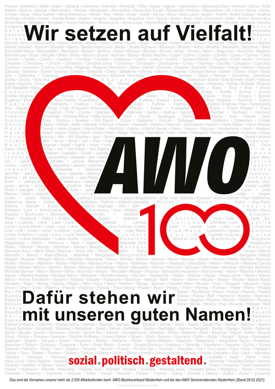 Das Plakat zeigt die Vornamen der mehr als 2.000 Beschäftigten beim AWO Bezirksverband Niederrhein und bei den AWO Seniorendiensten Niederrhein