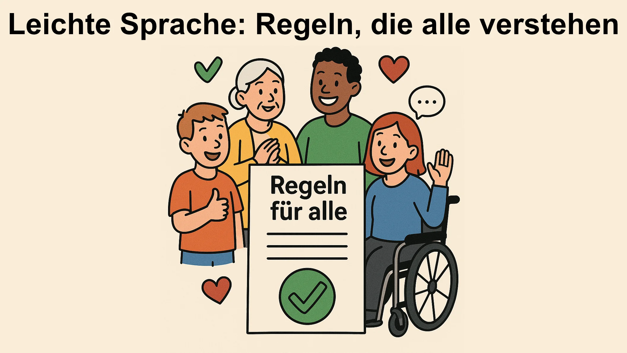 Auf dem Bild ist eine Illustration mit dem Titel „Leichte Sprache: Regeln, die alle verstehen“ zu sehen. In der Mitte des Bildes steht ein großes Schild mit der Aufschrift „Regeln für alle“. Darum herum stehen vier verschiedene Personen, die fröhlich aussehen. Eine Person sitzt im Rollstuhl, eine andere Person ist älter, eine Person ist dunkelhäutig, ein Kind zeigt den Daumen nach oben. Es sind also Menschen mit unterschiedlichen Hintergründen und Bedürfnissen abgebildet. Zusätzlich gibt es Symbole wie ein grünes Häkchen und rote Herzen.