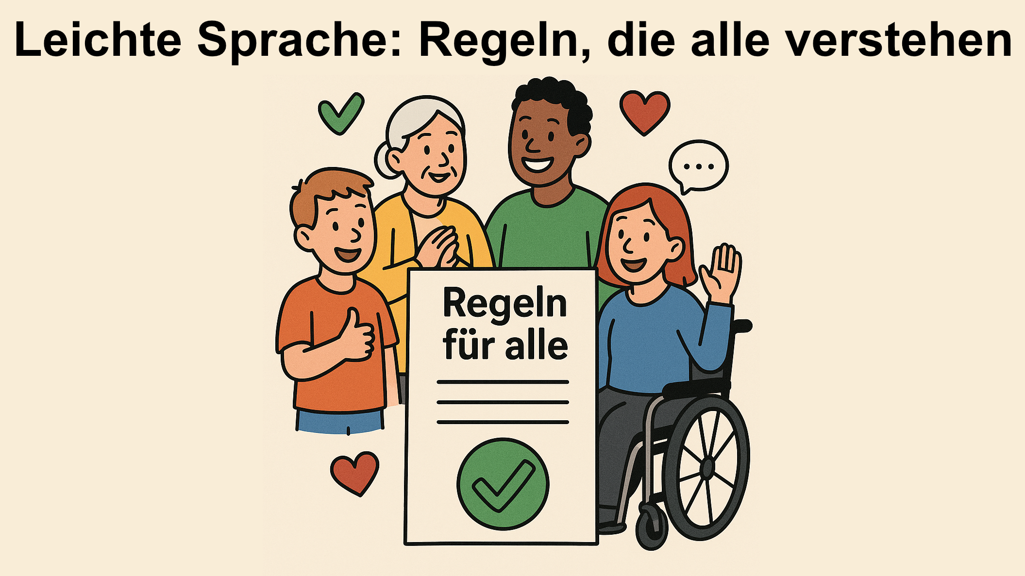 Auf dem Bild ist eine Illustration mit dem Titel „Leichte Sprache: Regeln, die alle verstehen“ zu sehen. In der Mitte des Bildes steht ein großes Schild mit der Aufschrift „Regeln für alle“. Darum herum stehen vier verschiedene Personen, die fröhlich aussehen. Eine Person sitzt im Rollstuhl, eine andere Person ist älter, eine Person ist dunkelhäutig, ein Kind zeigt den Daumen nach oben. Es sind also Menschen mit unterschiedlichen Hintergründen und Bedürfnissen abgebildet. Zusätzlich gibt es Symbole wie ein grünes Häkchen und rote Herzen.