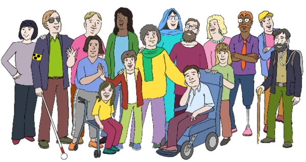 Das Foto zeigt eine Gruppe von Menschen mit verschiedenen Herkunfts- und Vielfaltsmerkmalen