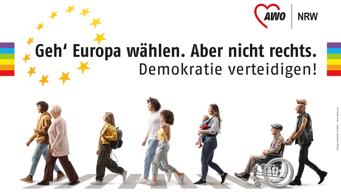 Das Foto zeigt Menschen, die nach links über einen Bürgersteig gehen. Dazu der Text: Geh' Europa wählen. Aber nicht rechts. Demokratie verteidigen