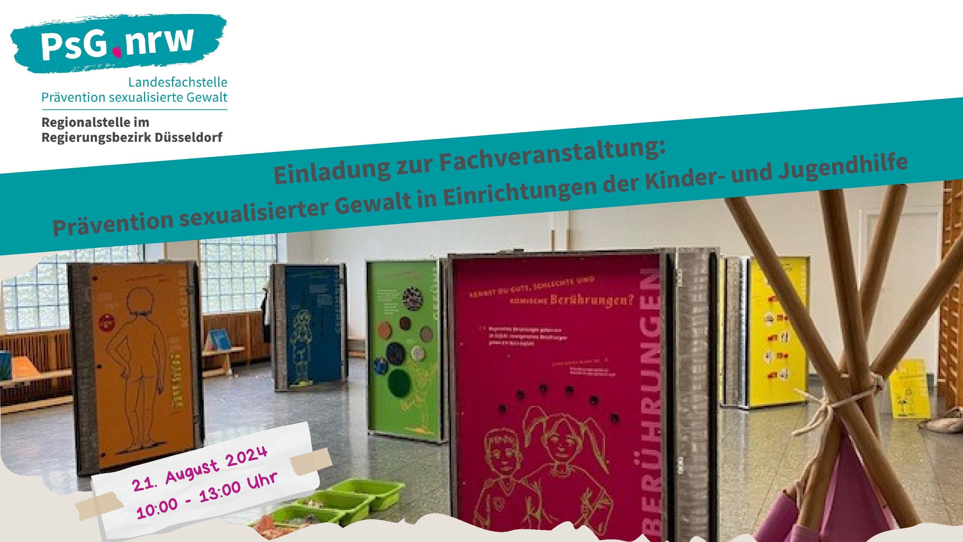 Auf dem Foto ist ein Flyer in deutscher Sprache zu sehen, der zu einer Veranstaltung zur Prävention sexualisierter Gewalt in Einrichtungen für Kinder und Jugendliche einlädt. Der Flyer enthält Informationen zum Zweck der Veranstaltung, Datum, Uhrzeit, Ort und Kontaktdaten. Es werden auch Logos von Organisationen am unteren Rand angezeigt