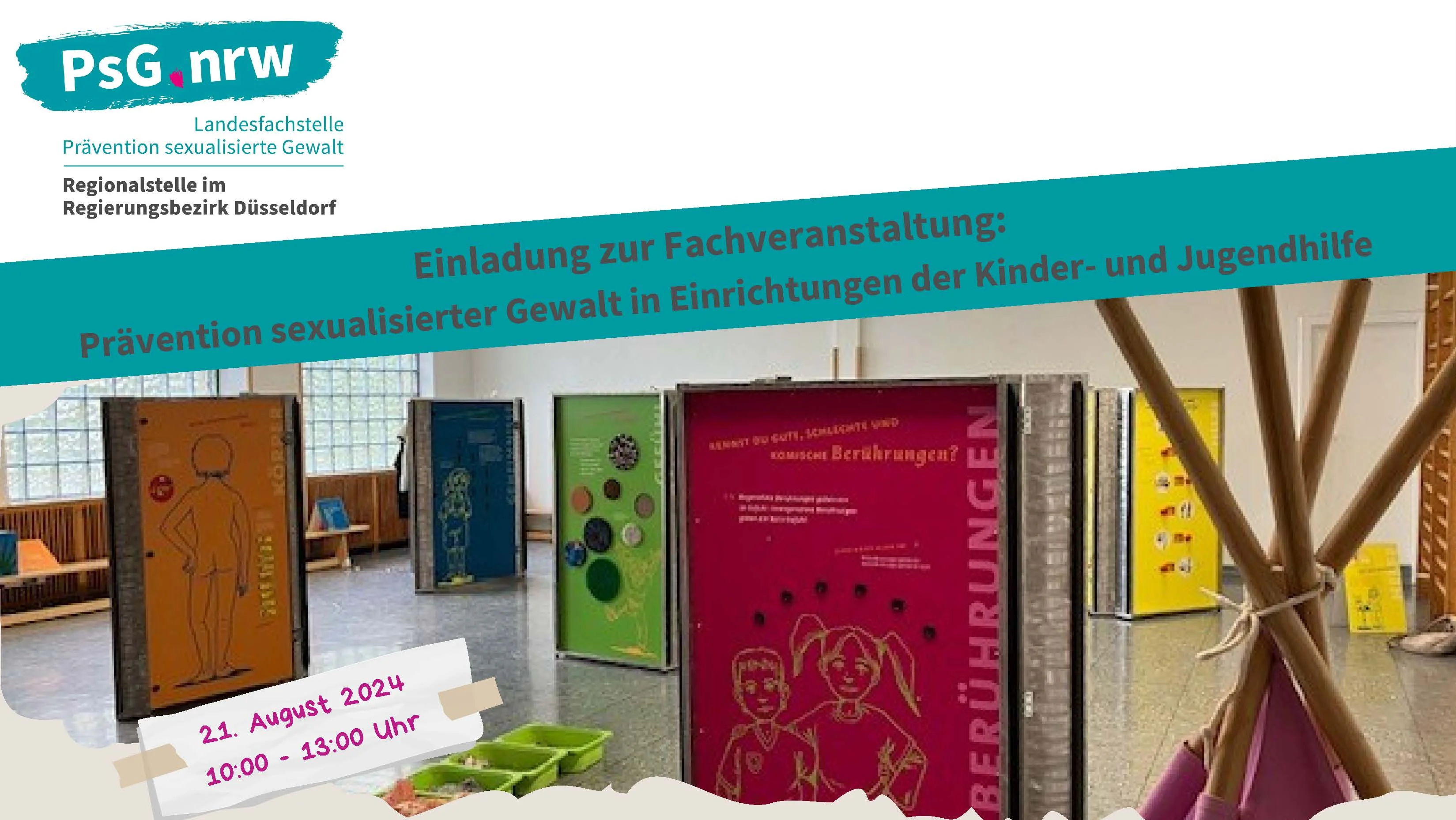 Auf dem Foto ist ein Flyer in deutscher Sprache zu sehen, der zu einer Veranstaltung zur Prävention sexualisierter Gewalt in Einrichtungen für Kinder und Jugendliche einlädt. Der Flyer enthält Informationen zum Zweck der Veranstaltung, Datum, Uhrzeit, Ort und Kontaktdaten. Es werden auch Logos von Organisationen am unteren Rand angezeigt