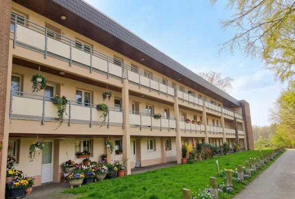 Auf dem Bild ist ein langgestrecktes, dreistöckiges Wohngebäude mit Laubengängen und Balkonen zu sehen, vor dem eine gepflegte Rasenfläche liegt. Entlang des Hauses und der Wege stehen zahlreiche Pflanzkübel und Blumen, rechts verläuft ein Weg an einer Baumreihe vorbei.