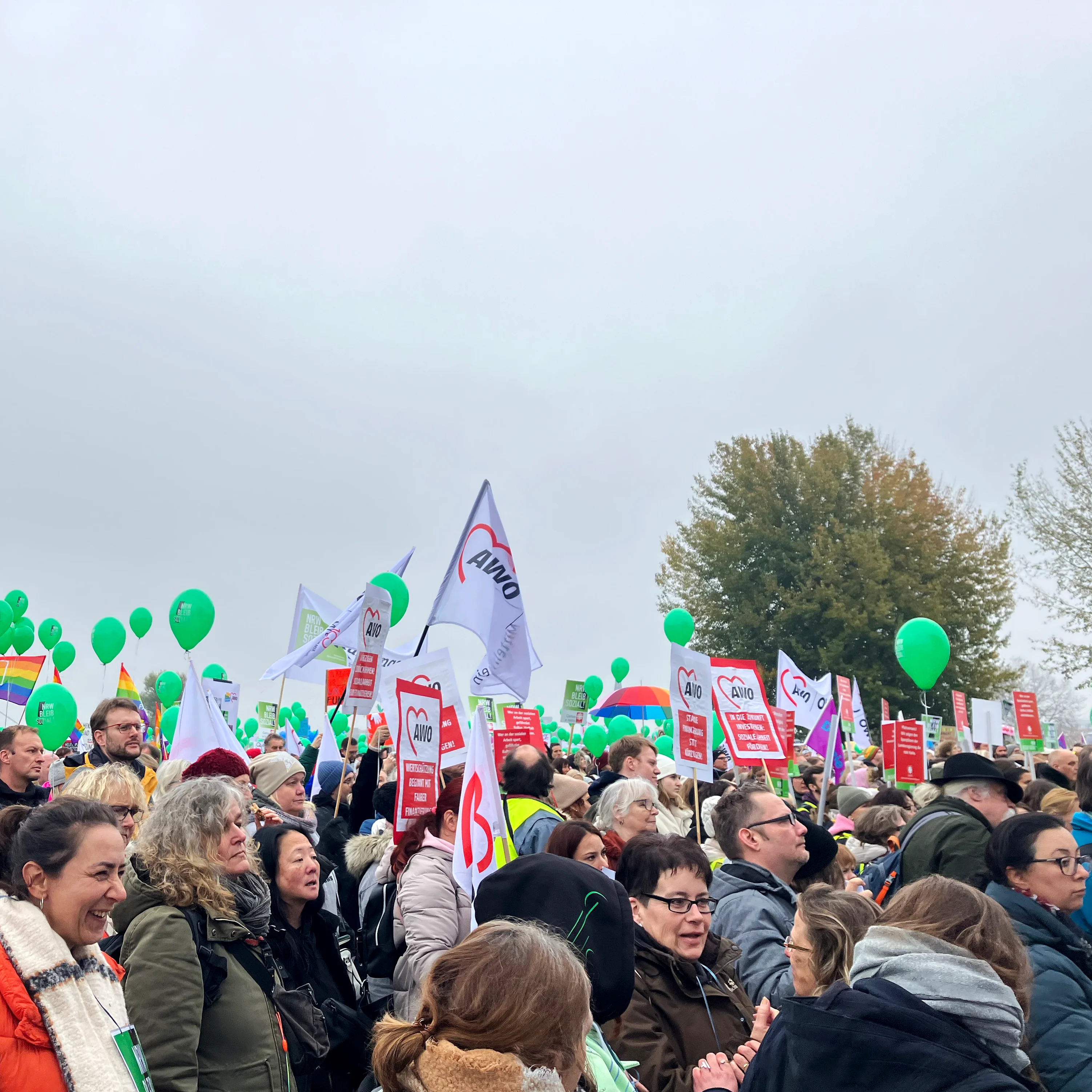 Das Foto zeigt eine große Menschenmenge bei der Kundgebung im Freien. Viele der Teilnehmer halten Schilder und Fahnen hoch, auf denen das Logo und der Name "AWO" (Arbeiterwohlfahrt) zu sehen sind. Es gibt auch viele grüne Luftballons, die in die Luft fliegen. Im Hintergrund sind Bäume und ein bewölkter Himmel zu sehen. Die Menschen tragen warme Kleidung. Die Veranstaltung ist gut besucht und die Teilnehmenden sind dicht gedrängt.