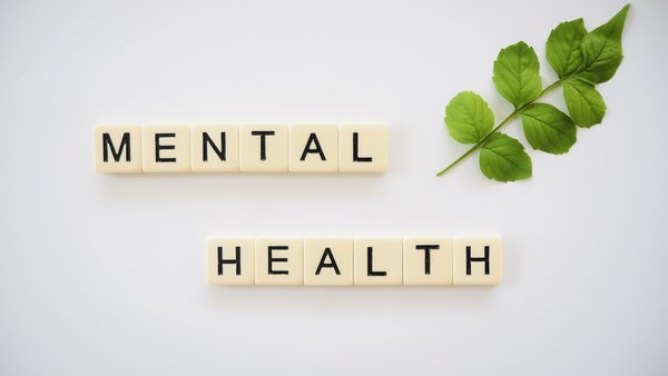 Auf dem Bild liegen auf weißem Hintergrund kleine quadratische Plättchen mit schwarzen Buchstaben, die das englische Wort „MENTAL HEALTH“ bilden. Rechts daneben ist ein grüner Blattzweig platziert.